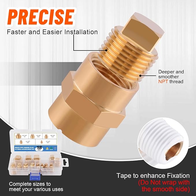 18PCS Brass Pipe Fitting Square Head Plug, 1/8" 1/4" 3/8" 1/2" 3/4" | 1/8 - Image 4