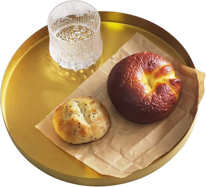 FREELOVE 12 Inch Brushed Gold Round Tray, Stainless Steel Brass Decorative Tray by FREELOVE