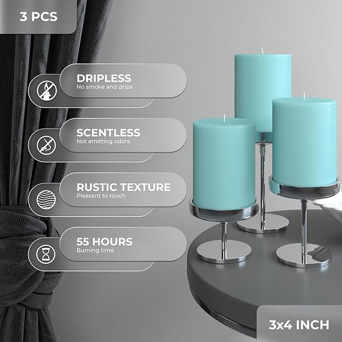 3x4 inch Pillar Candles Set of 3 – Unscented Dripless Rustic Light Turquoise - Image 3