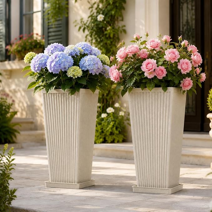 24" Tall Planters for Outdoor Plants Set of 2 Square Fluted, Tall Indoor Flower by NicBex