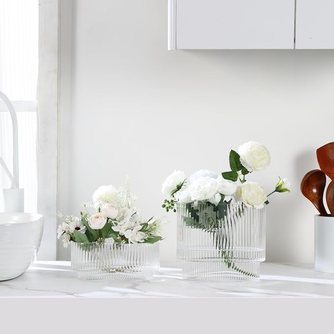 Short Glass Vases, Ribbed Vase for Flowers, Modern Small Vase for Living Room - Image 5