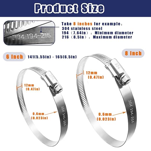 6PCS Adjustable 304 Stainless Steel Duct Clamps Hose Clamp, 8 Inch and 6 Inch - Image 2