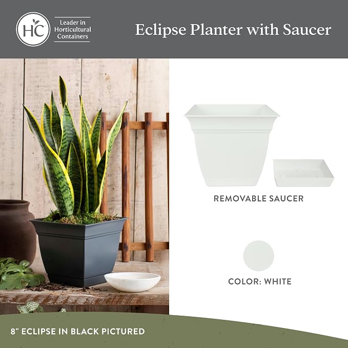 The HC Companies Eclipse Square Planter Pot, 8 Inch, Attached Saucer, Drainage - Image 2