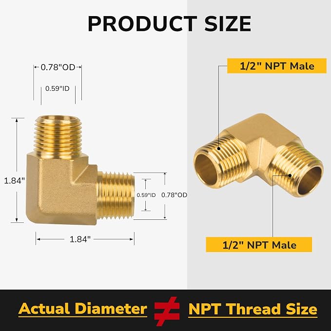 90 Degree Elbow, 1/2" × 1/2" NPT Male Brass Pipe Fitting, Barstock Street Elbow - Image 2