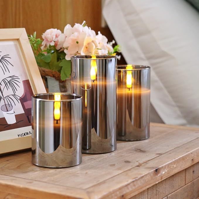 Homemory Grey Glass Flameless Candles, Real Wax, Remote Timer, 3 Pack | - Image 6