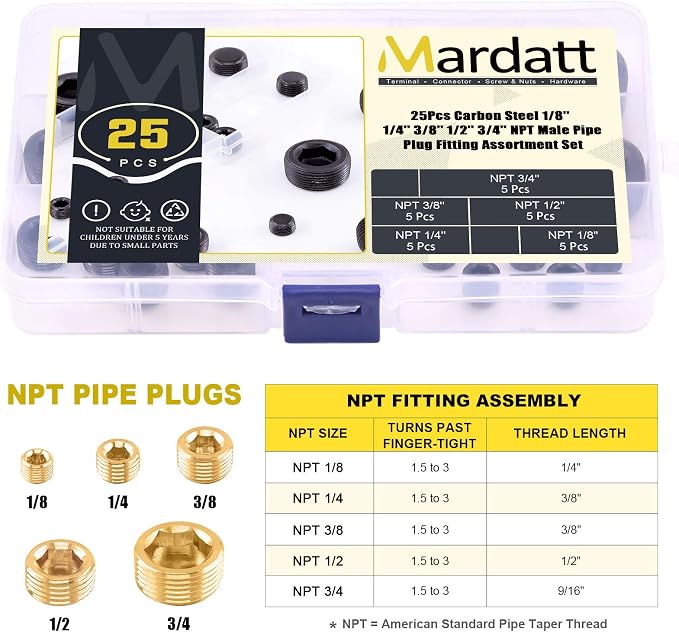 25Pcs NPT Plug Set Pipe Plug Assortment Kit 1/8" 1/4" 3/8" 1/2" 3/4" Carbon - Image 7