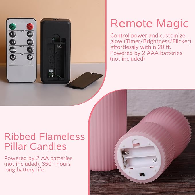 Pink Ribbed Flameless Pillar Candles - Image 3