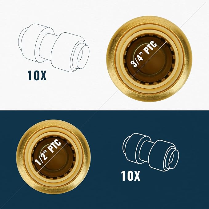 20-Pack Push Coupling Plumbing Fittings Set, Brass | 10 Each 1/2" & 3/4" - Image 8