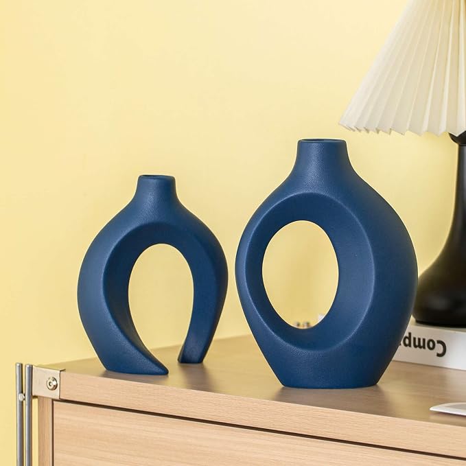 Snuggle Hollow Ceramic Vase Set of 2, 8.4 inch Modern Nordic Coastal Shaped - Image 5