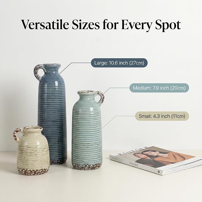 Ceramic Vase Set of 3 with Handles, Versatile as Table Centerpiece or Mantel & - Image 5