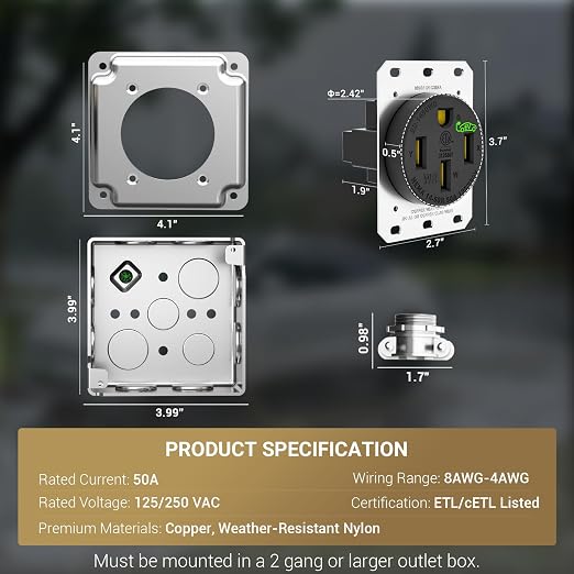 Nema 14-50 EV Outlet Weather Resistant 50 Amp EV Charging Receptacle Heavy Duty - Image 2