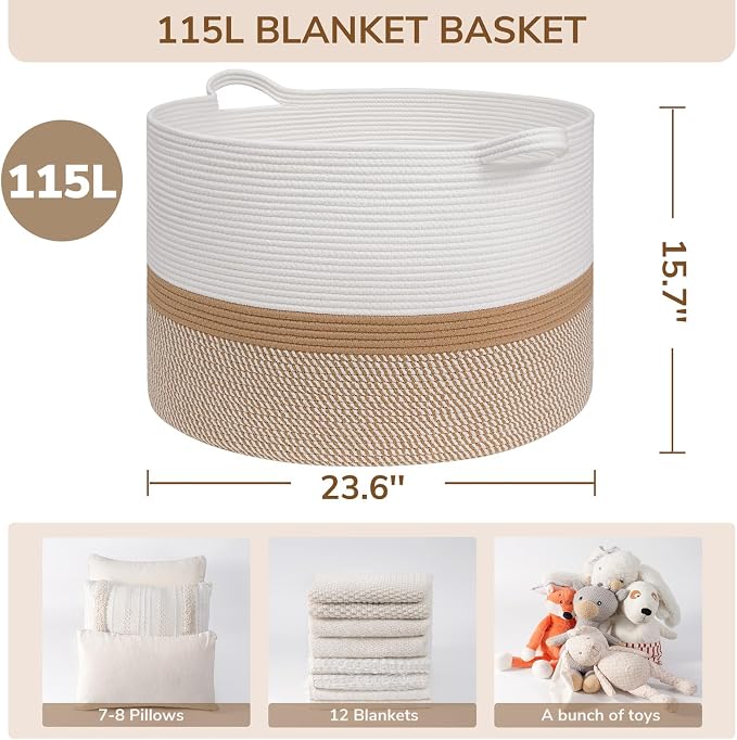 INDRESSME 115L Extra Large Woven Rope Blanket Basket Living Room WhiteCamel | - Image 2