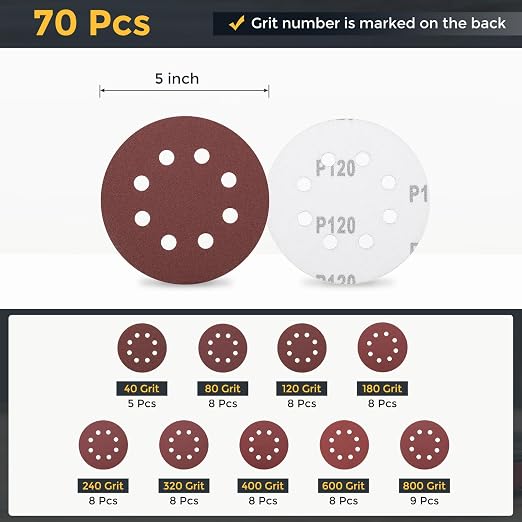 HARFINGTON 70Pcs 5Inch Sanding Disc 8 Hole Hook and Loop Sandpaper Red | - Image 2