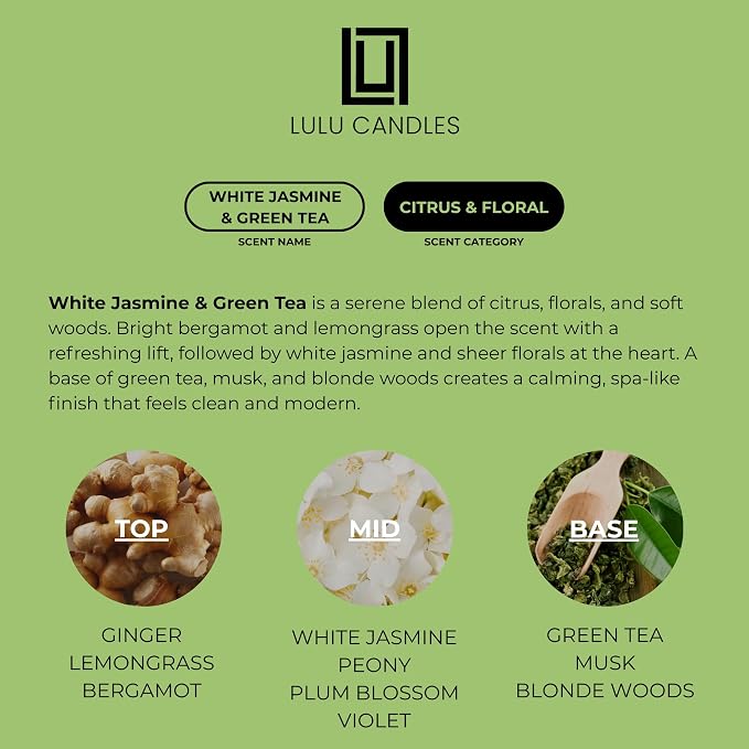 Lulu Candles | White Jasmine & Green Tea | Luxury Scented Soy Jar Candle | Hand - Image 2
