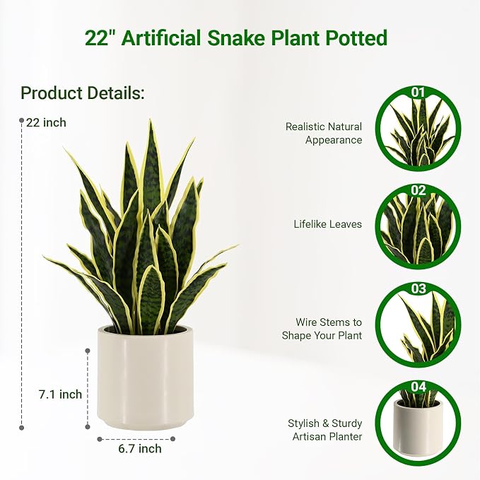 Fake Snake Plant 22" Tall, Realistic Touch Leaves, Potted Artificial Plants - Image 2