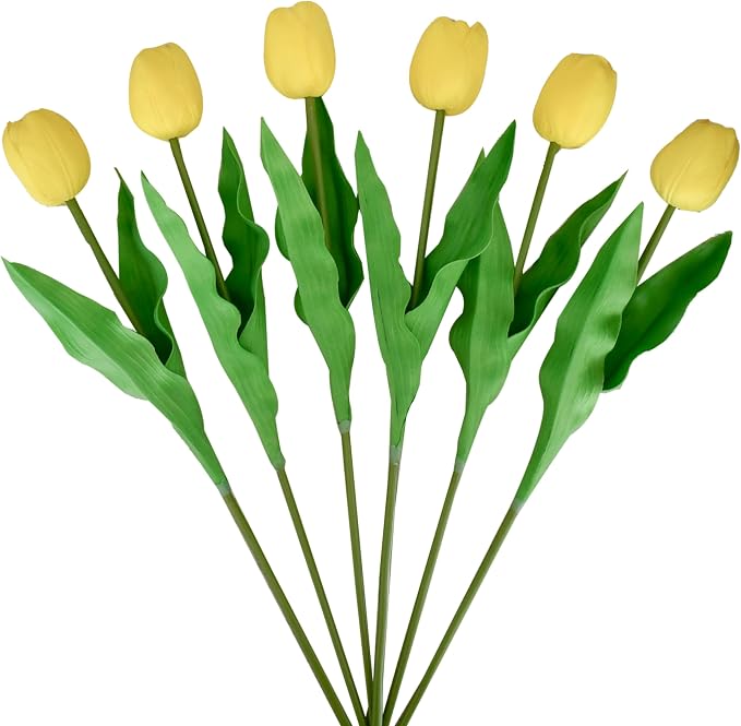 Mandy's 6pcs Artificial Yellow Tulips | 17.7 Inch Lifelike PU Tulips Faux by Mandys