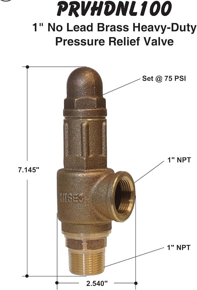 PRVHDNL100 1" No-Lead Heavy-Duty Brass Pressure Relief Valve, Contractor-Grade - Image 7