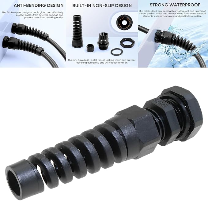Heyous 2PCS NPT 3/8 Inch IP68 Waterproof Cable Gland Bend Relief Spiral Strain - Image 5