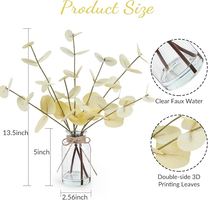 Bessol Artificial Eucalyptus Stems in Glass Vase - Image 3