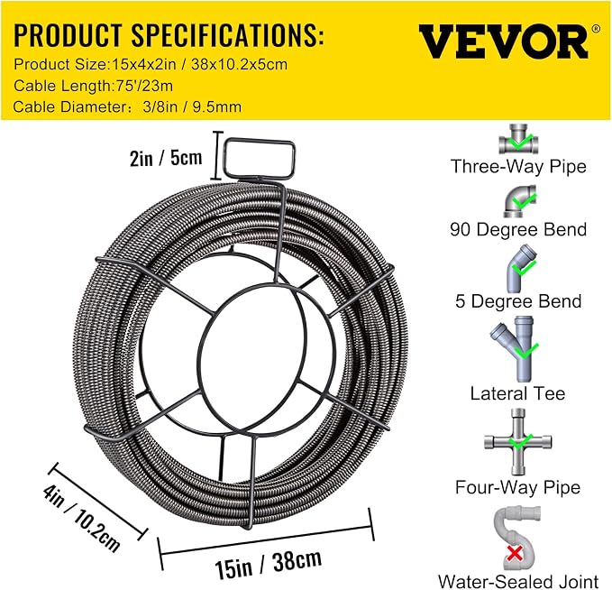 VEVOR Drain Cleaning Cable 75ft x 3/8 inch Solid Core Cable Sewer Cable - Image 7