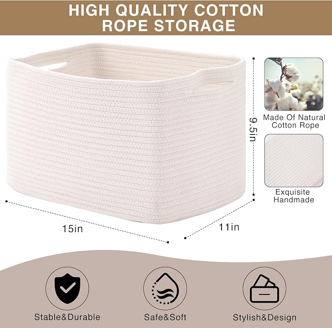 ICERZCZ Storage Baskets for Organizing Shelves 15x11x9.5 Off White 3 Packs | - Image 3