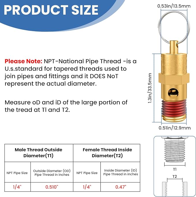 1/4" Male NPT Brass Safety Valve, 1 Pack | 150 PSI Pressure Relief - Image 2
