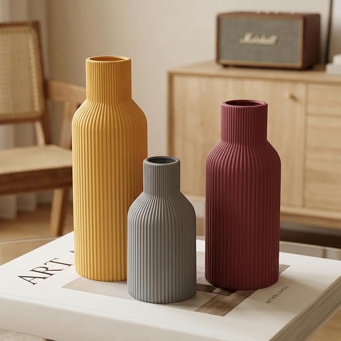 Colorful Ceramic Vases Set of 3, Matte Vertical Ribbed, Minimalist - Image 5