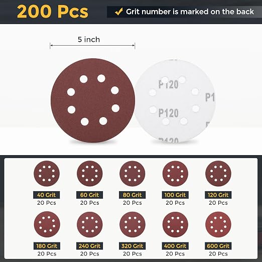 HARFINGTON 200Pcs 5Inch Sanding Disc 8 Hole Hook and Loop Sandpaper Red | - Image 2
