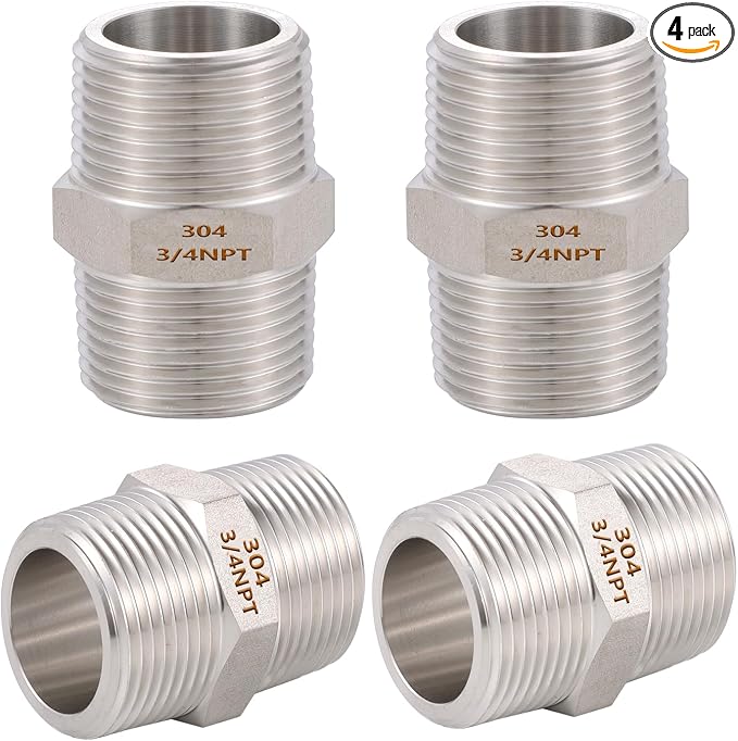 4PCS Hex Nipple 3/4" Male x 3/4" Male Pipe Fittings, 304 Stainless Steel 3/4 by SNUTUYA