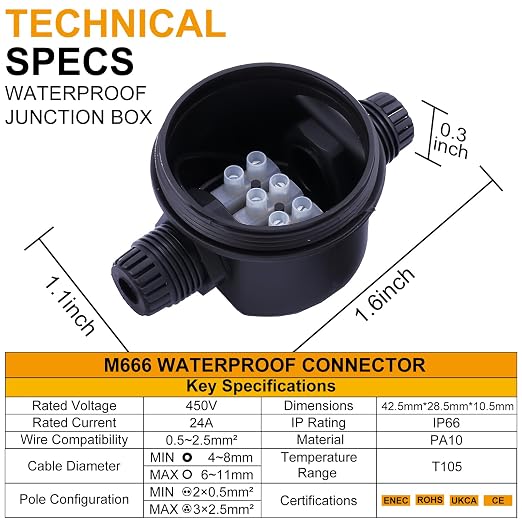 IP68 IP66 Round Waterproof Junction Box, 2-Way 3PIN M20 Underground/Outdoor - Image 4