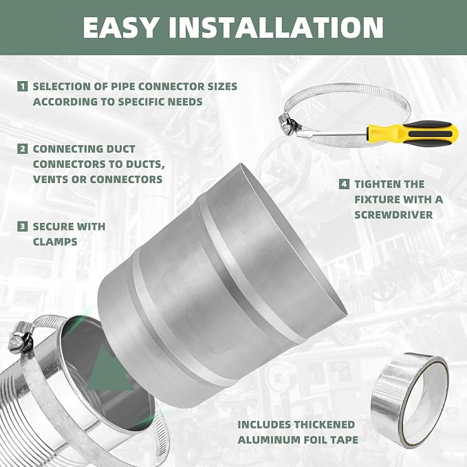4 Inch Metal Duct Connector, Round Dryer Vent Coupler, 16FT Aluminum Foil Tape - Image 3