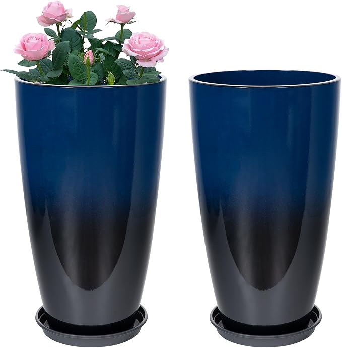 Neoaider Set of 2 Tall Planter, 21 inch Large Plastic Planter, Dark Blue | by Neoaider