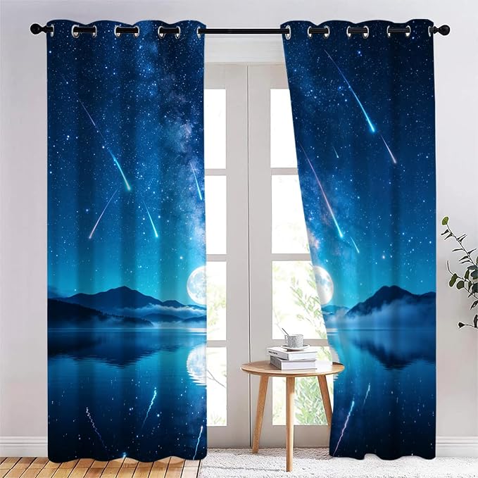Starry Sky Curtain, Meteor Shower on a Moonlit Night Curtains by Unknown