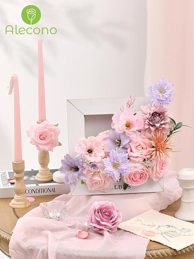Alecono Pink and Purple Artificial Flowers, Silk Fake Flower Set | - Image 6
