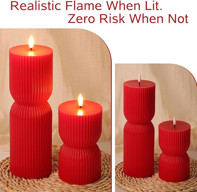 Red Ribbed Flameless Pillar Candles - Image 6