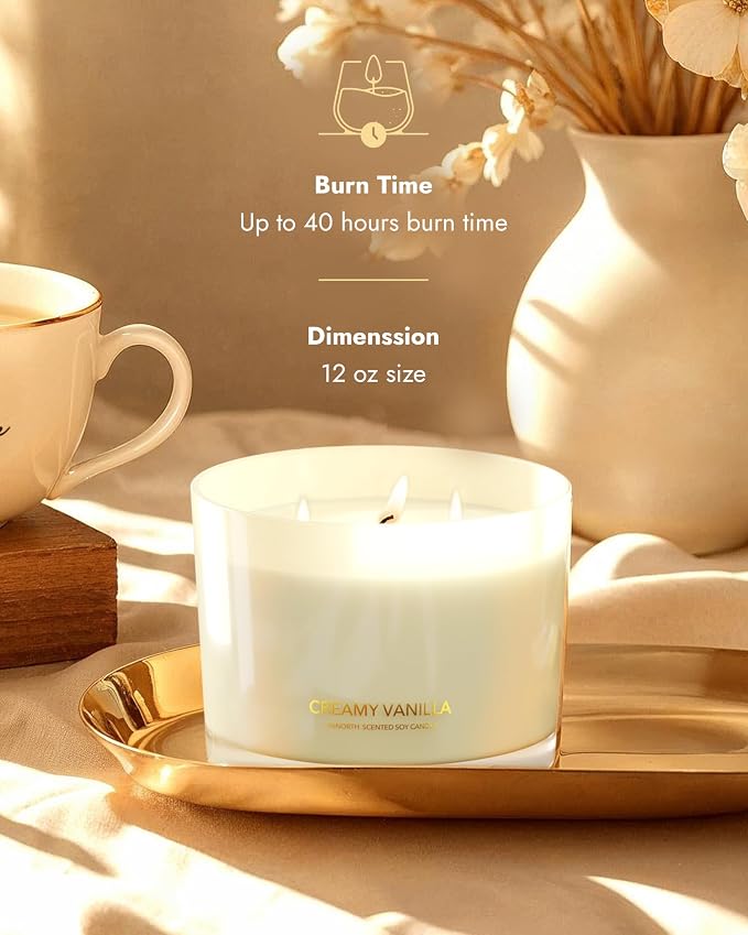 Creamy Vanilla Scented Candles | Large 3 Wick Jar Candle | Up to 40 Hours - Image 3