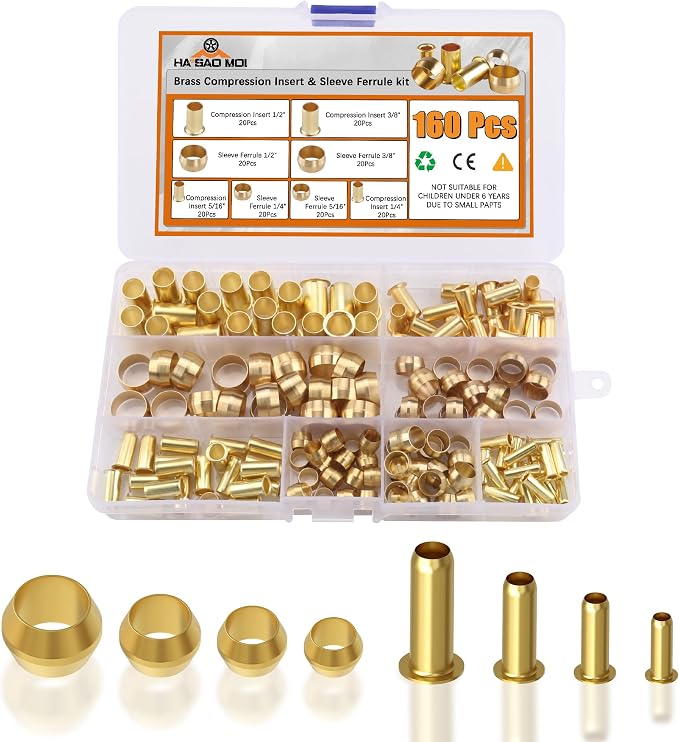 160PCS Brass Compression Sleeve Ferrule & Insert 1/4" 3/8" 5/16"1/2" kit | 4 by Unknown