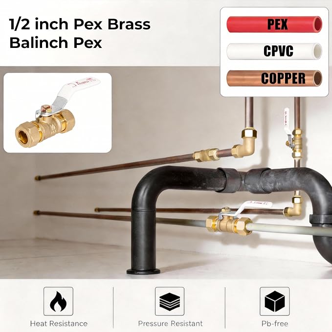 VANCOCO 1/2" Compression Ball Valve, Heavy Duty Brass Reduced Bore Ball Valve - Image 2