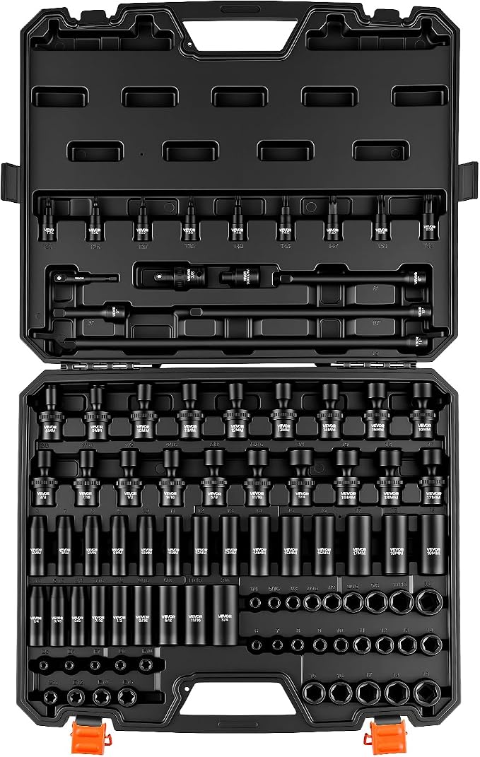 VEVOR Impact Socket Set 3/8" Drive 90-Piece, Shallow & Deep, 6 Point | SAE by VEVOR