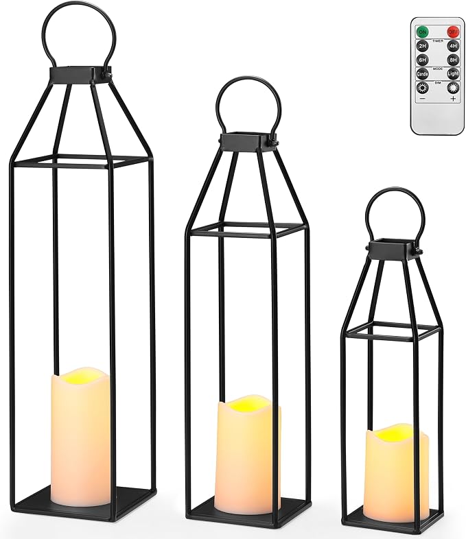 Perfnique Set of 3 Black Metal Lanterns w/ Waterproof Flickering Flameless by PERFNIQUE