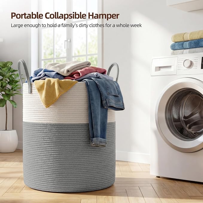 OIAHOMY 60L Nursery Hamper Laundry Basket Laundry Hamper Grey/White | - Image 3