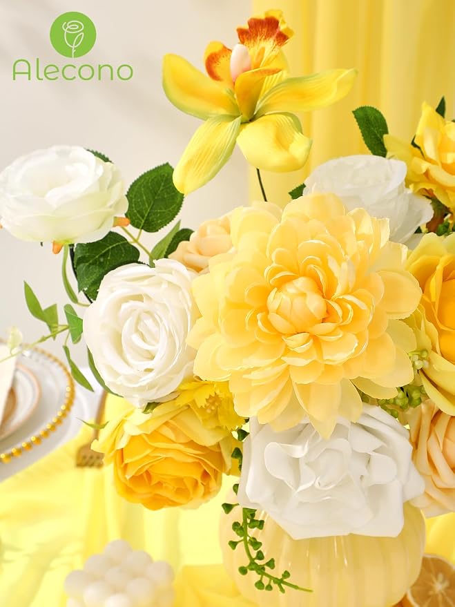 Alecono Yellow Artificial Flowers, Silk Fake Roses Floral Set | - Image 5