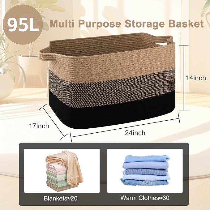 OIAHOMY Extra Large Blanket Basket, 95L Cotton Rope Woven Laundry Basket - Image 4