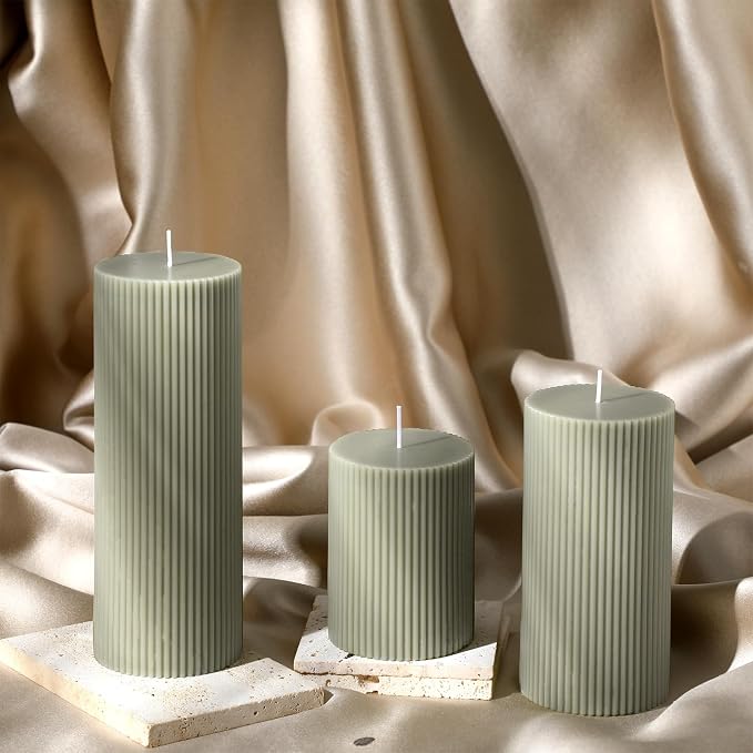 Conelist Ribbed Pillar Candles Set of 3, Width 3" High 4" 6" 8", Bean Green - Image 4