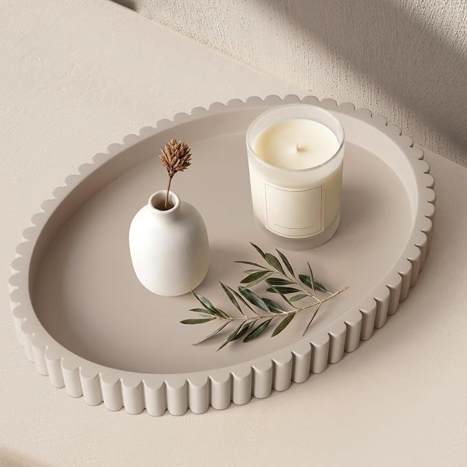 Oval Tray for Coffee Table Decor, Cream Gray | Decorative Tray, Solid Concrete by Cathyeen