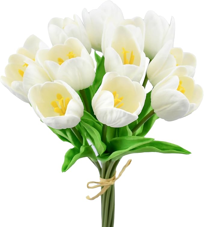 Mandy's 12pcs Artificial White Open Tulips | 13.5 Inch Lifelike PU Tulips Faux by Mandys