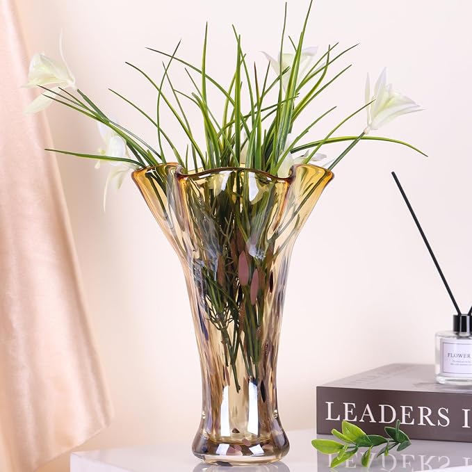 9.0" H Amber Glass Vases for Flower, Unique Hand Blown Glass Vase | Wide Mouth - Image 7
