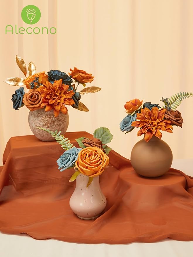 Alecono Orange and Teal Artificial Flowers, Silk Fake Floral Set | - Image 8