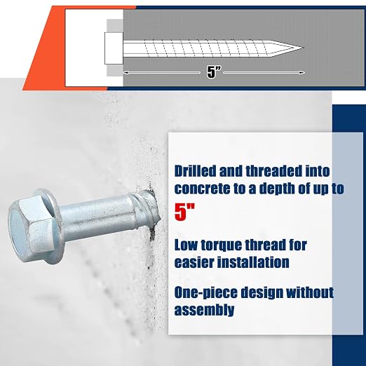 Tandefio 60 Pack 1/2" x 5" Concrete Screw Anchor Galvanized Large Diameter - Image 5