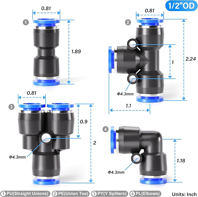 TAILONZ PNEUMATIC 1/2 Inch od Push to Connect Fittings Pneumatic Fittings kit - Image 2